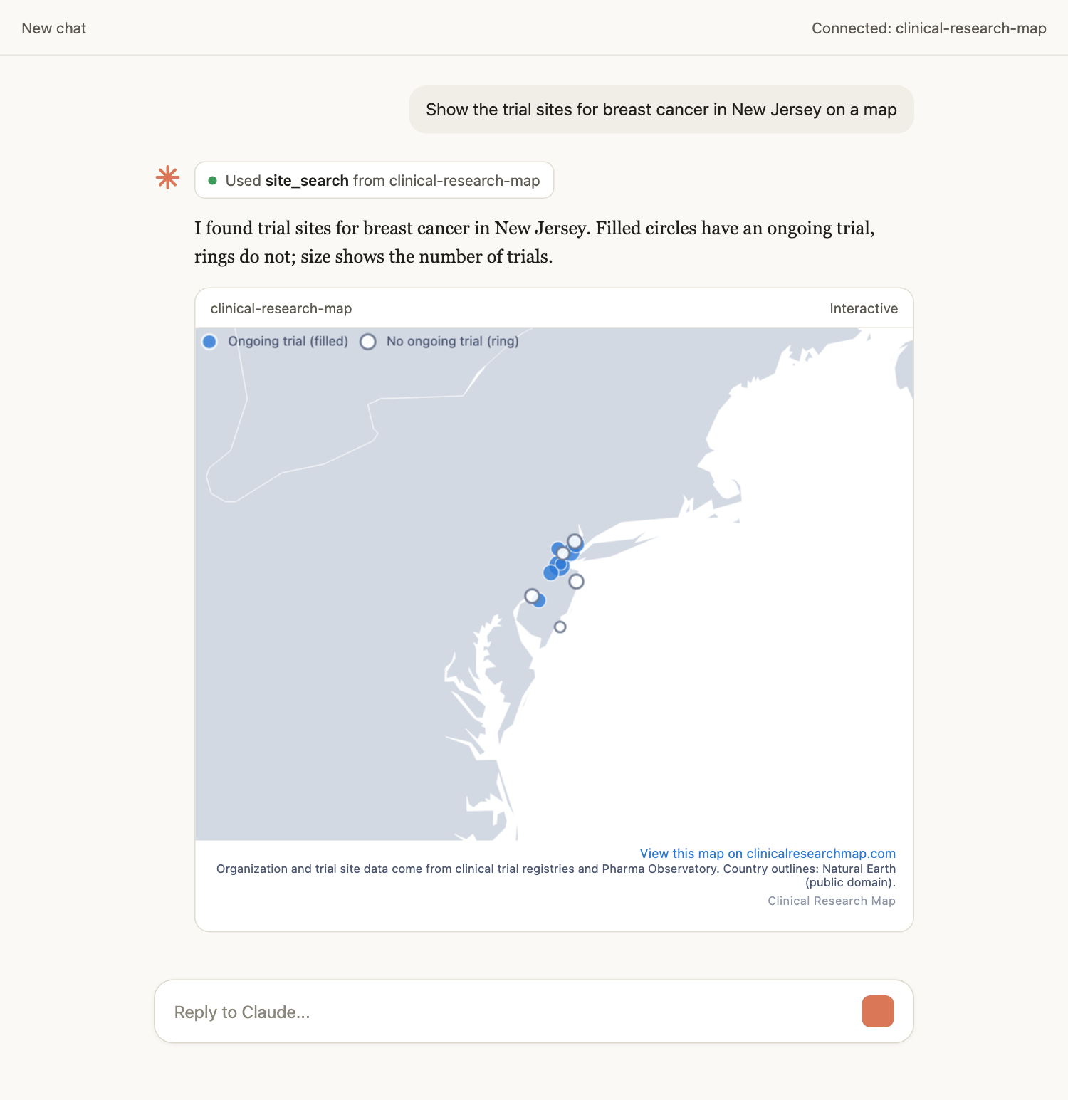 A Claude conversation. The user asks to show the trial sites for breast cancer in New Jersey on a map. Claude answers with an interactive map of New Jersey with one circle per trial site, sized by its number of trials, filled where a trial is ongoing and a ring where none is.