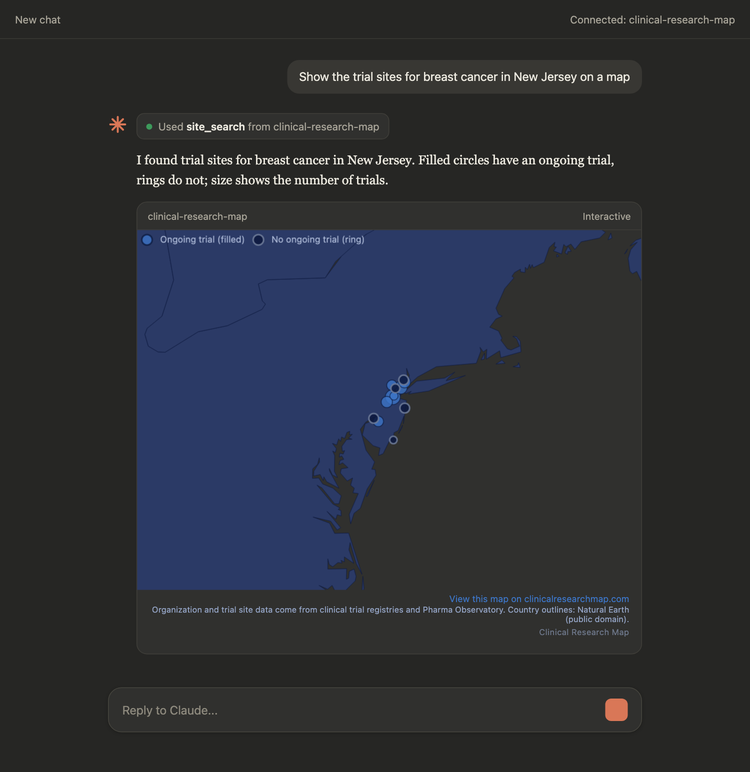A Claude conversation. The user asks to show the trial sites for breast cancer in New Jersey on a map. Claude answers with an interactive map of New Jersey with one circle per trial site, sized by its number of trials, filled where a trial is ongoing and a ring where none is.